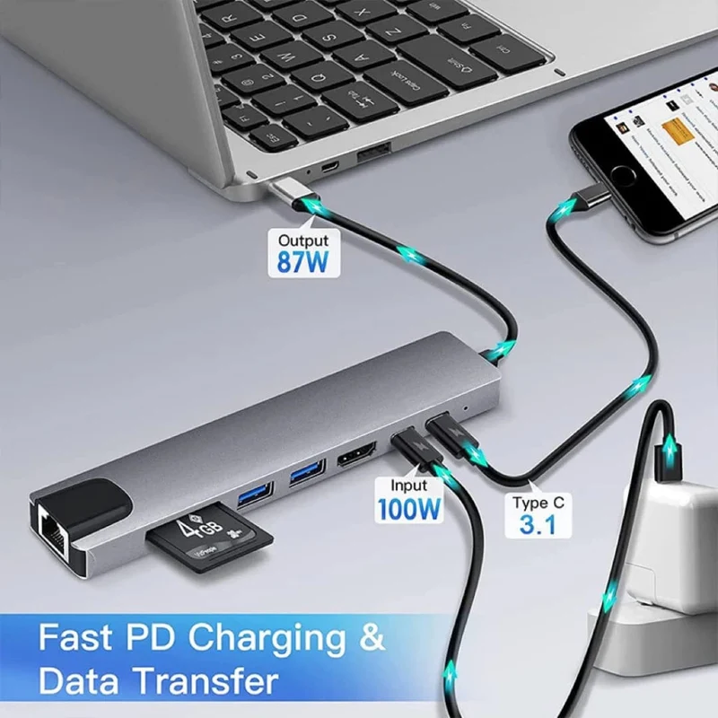 8-in-1-USB-C-Hub Typ C auf 4K-HDMI-Adapter mit RJ45-SD/TF-Kartenleser, Schnellladegerät für MacBook Notebook Windows Laptop-Computer