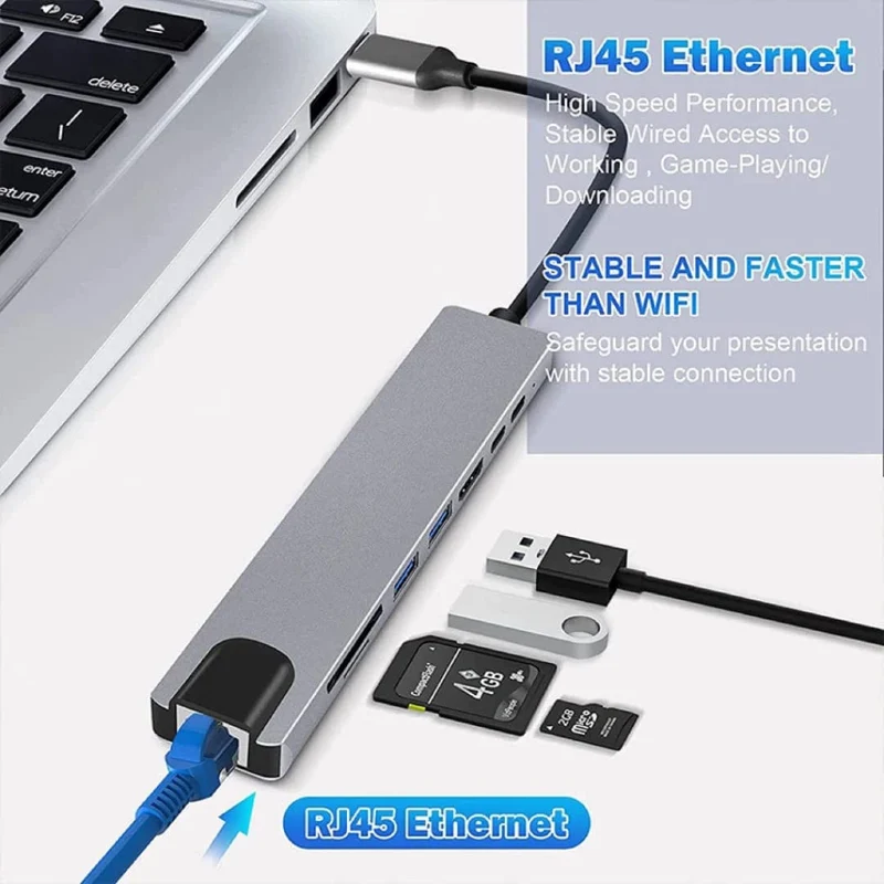 8-in-1-USB-C-Hub Typ C auf 4K-HDMI-Adapter mit RJ45-SD/TF-Kartenleser, Schnellladegerät für MacBook Notebook Windows Laptop-Computer