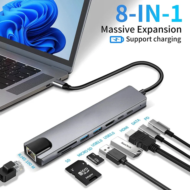 8-in-1-USB-C-Hub Typ C auf 4K-HDMI-Adapter mit RJ45-SD/TF-Kartenleser, Schnellladegerät für MacBook Notebook Windows Laptop-Computer