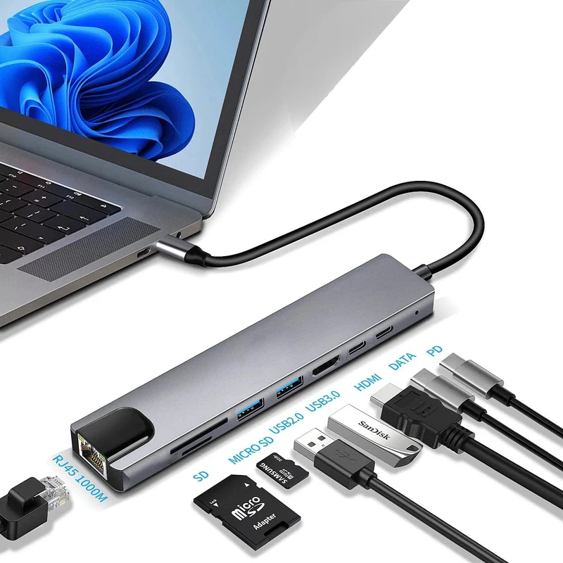 8-in-1-USB-C-Hub Typ C auf 4K-HDMI-Adapter mit RJ45-SD/TF-Kartenleser, Schnellladegerät für MacBook Notebook Windows Laptop-Computer