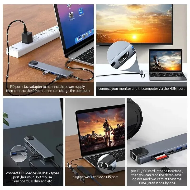 8-in-1-USB-C-Hub Typ C auf 4K-HDMI-Adapter mit RJ45-SD/TF-Kartenleser, Schnellladegerät für MacBook Notebook Windows Laptop-Computer