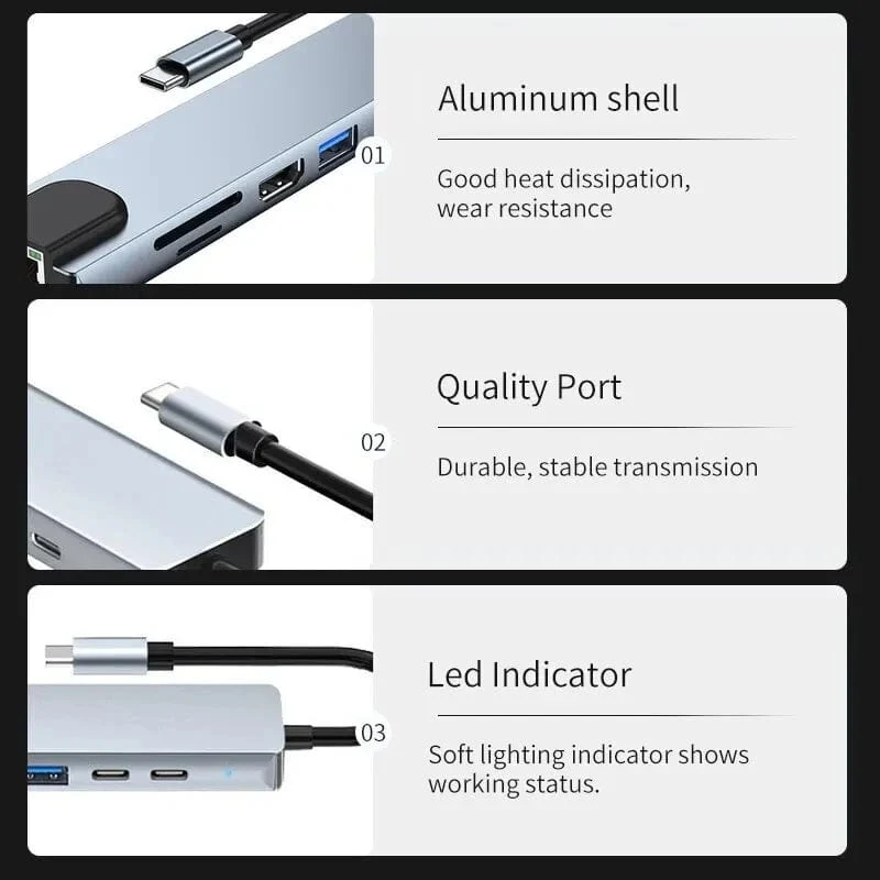 8-in-1-USB-C-Hub Typ C auf 4K-HDMI-Adapter mit RJ45-SD/TF-Kartenleser, Schnellladegerät für MacBook Notebook Windows Laptop-Computer