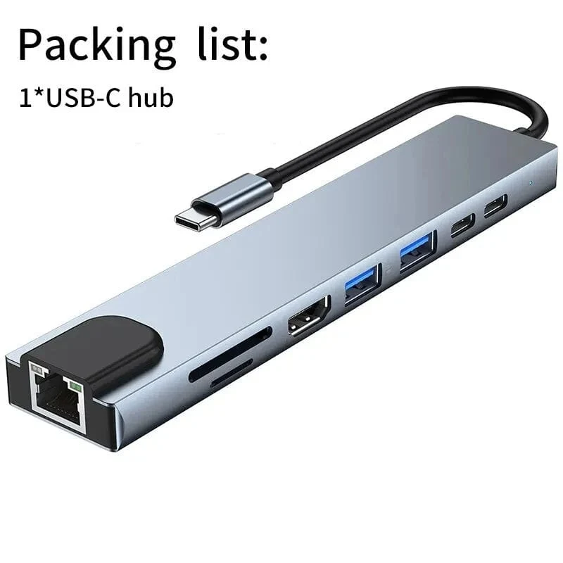 8-in-1-USB-C-Hub Typ C auf 4K-HDMI-Adapter mit RJ45-SD/TF-Kartenleser, Schnellladegerät für MacBook Notebook Windows Laptop-Computer