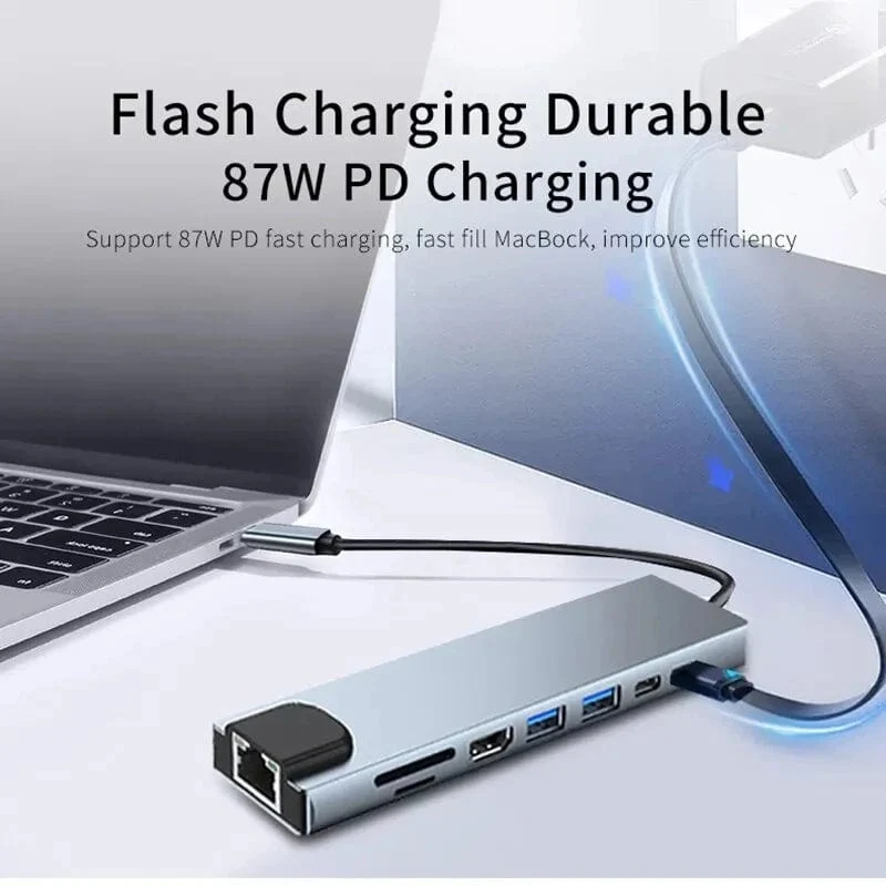 8-in-1-USB-C-Hub Typ C auf 4K-HDMI-Adapter mit RJ45-SD/TF-Kartenleser, Schnellladegerät für MacBook Notebook Windows Laptop-Computer
