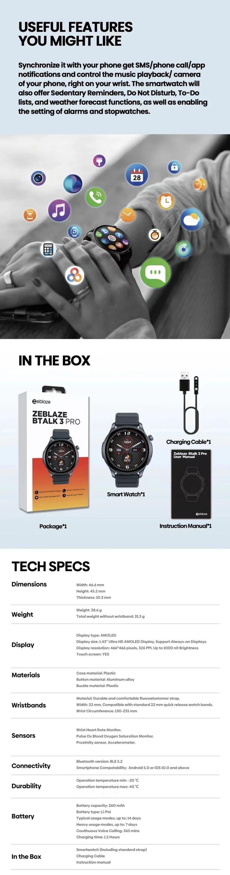 Neue Zeblaze Btalk 3 PRO Smart Watch AMOLED Display Hi-Fi Bluetooth Telefonanrufe Smartwatch Gesundheits- und Fitness-Tracking