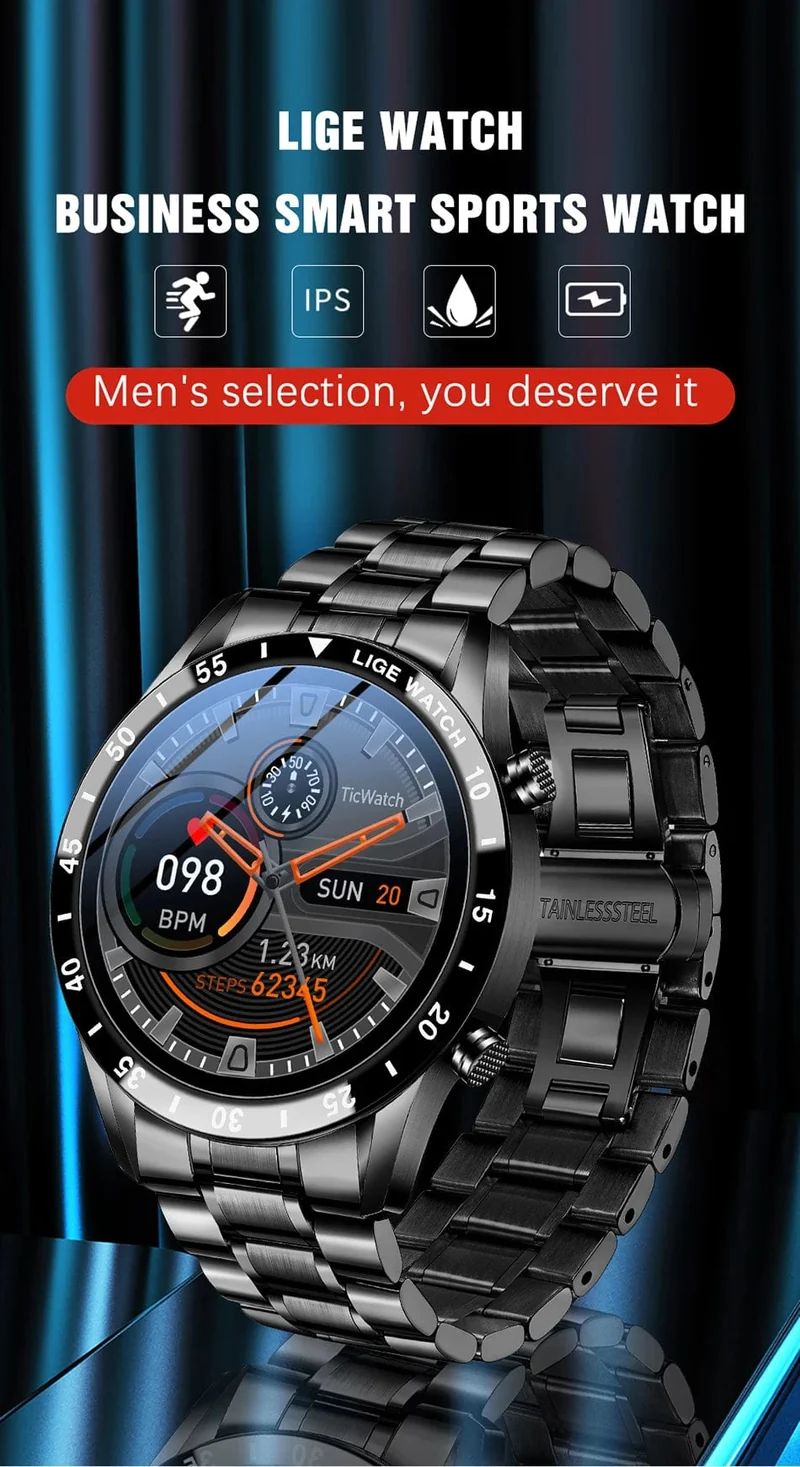 LIGE 2024 Smart Watch Herren Full Circle Touchscreen Bluetooth Anruf Herren Smartwatch Wasserdichte Sportaktivität Fitnessuhr + Box