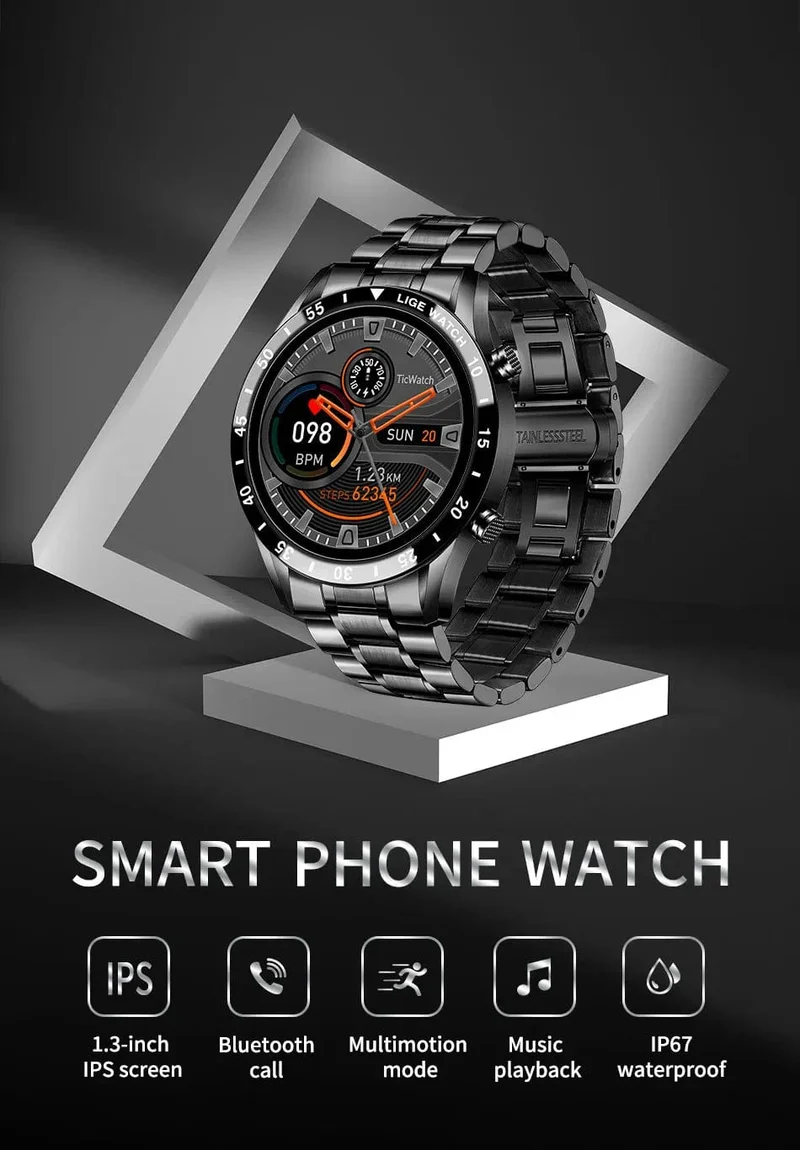 LIGE 2024 Smart Watch Herren Full Circle Touchscreen Bluetooth Anruf Herren Smartwatch Wasserdichte Sportaktivität Fitnessuhr + Box
