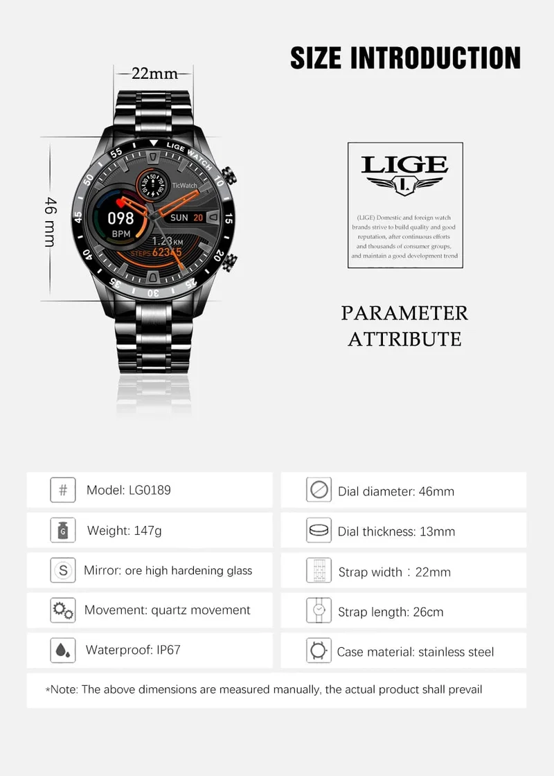 LIGE 2024 Smart Watch Herren Full Circle Touchscreen Bluetooth Anruf Herren Smartwatch Wasserdichte Sportaktivität Fitnessuhr + Box