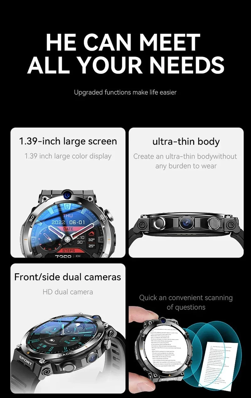 4G SIM-Karte Smart Watch 2024 Android OS 16G ROM GPS WiFi HD Dual Kameras Videoanrufe Aufzeichnung Google Play SmartWatch für Männer