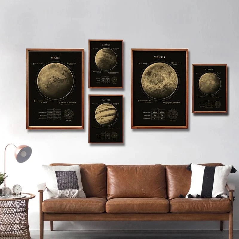 Planeten und Universum Retro Weltraum Mars Venus Mond Poster Astronomie Drucke Poster Vintage Home Room Cafe Dekor Kunst Wandmalerei