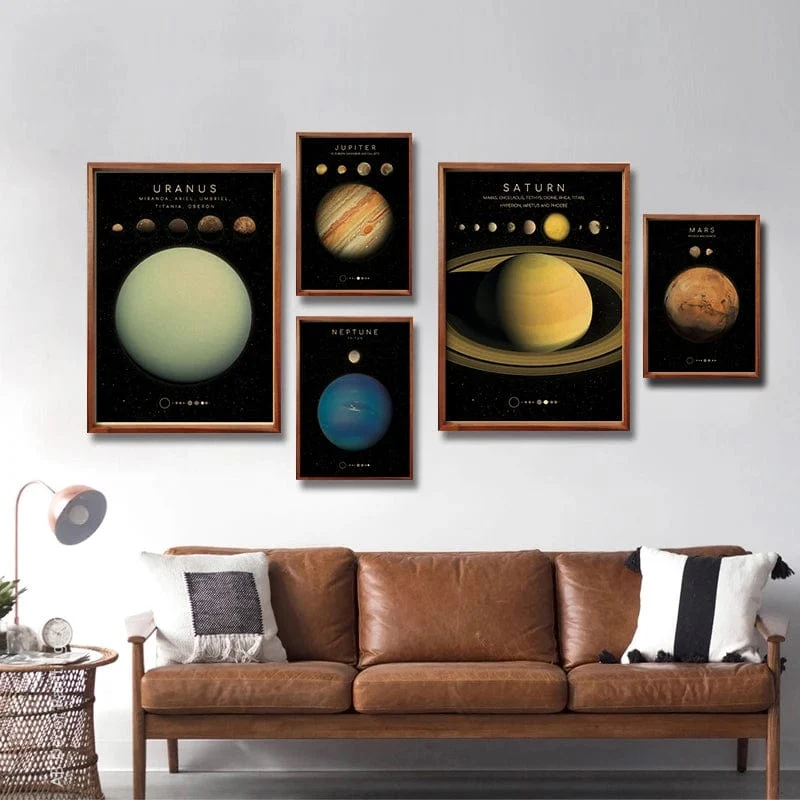 Planeten und Universum Retro Weltraum Mars Venus Mond Poster Astronomie Drucke Poster Vintage Home Room Cafe Dekor Kunst Wandmalerei