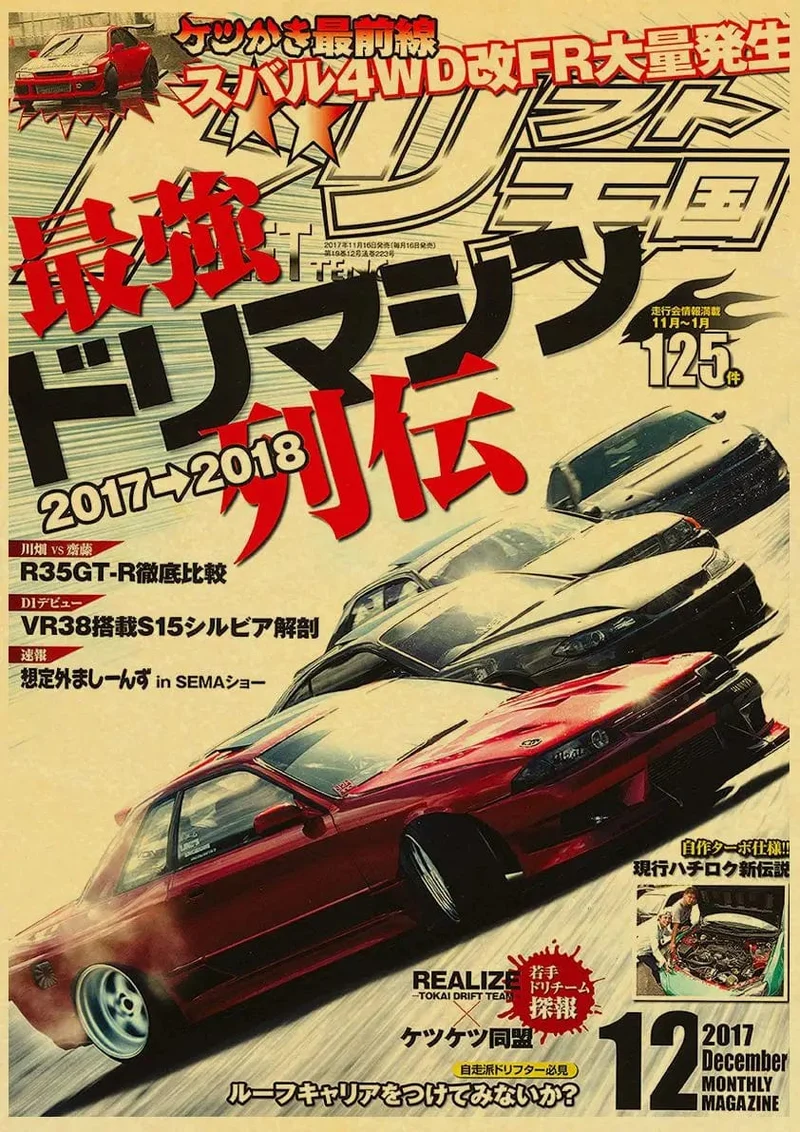 JDM Auto Japan Retrofit Racing Retro 90er Jahre Poster Wandkarte Drucke Poster Home Wohnzimmer Schlafzimmer Dekor Rahmenloses Wandgemälde