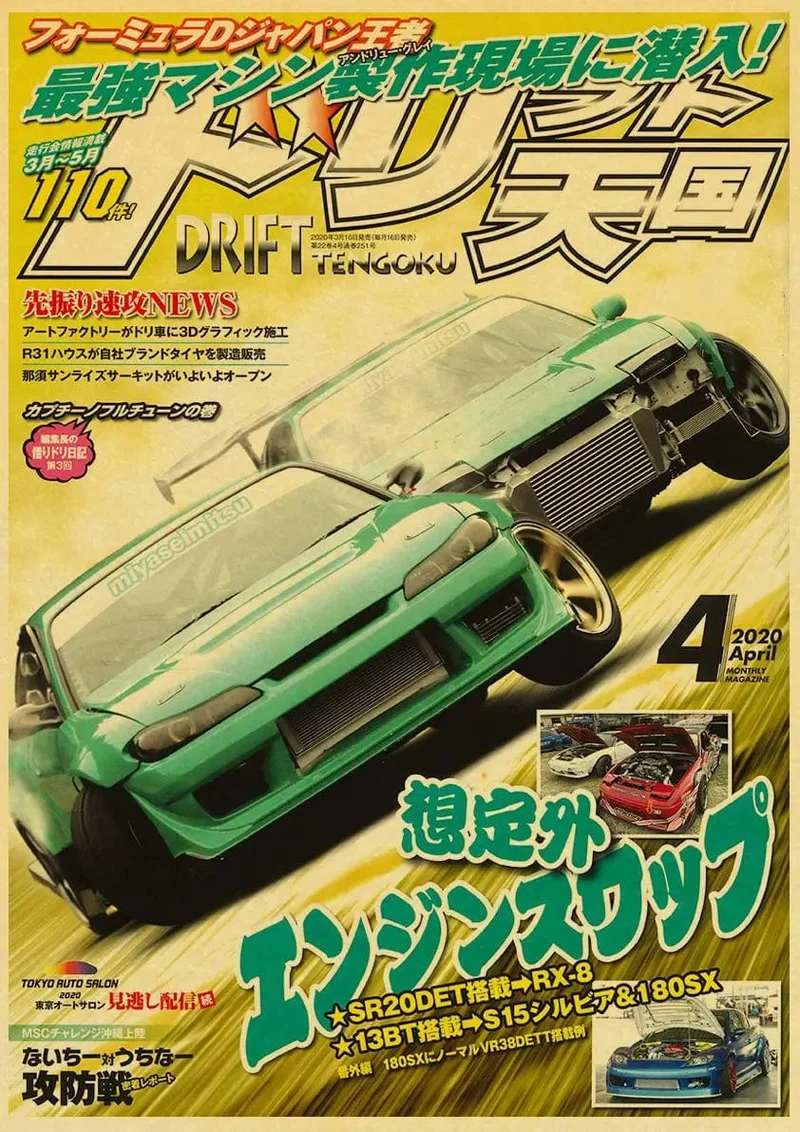 JDM Auto Japan Retrofit Racing Retro 90er Jahre Poster Wandkarte Drucke Poster Home Wohnzimmer Schlafzimmer Dekor Rahmenloses Wandgemälde
