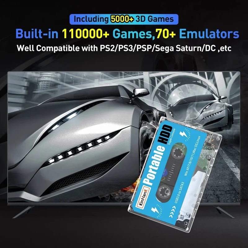 KINHANK Super Console 500G Gaming-Festplatte 100000 Videospiele 70 Emulatoren für DC/MAME/SS/NAOMI/PS2/PS1 Plug-and-Play Batocera OS