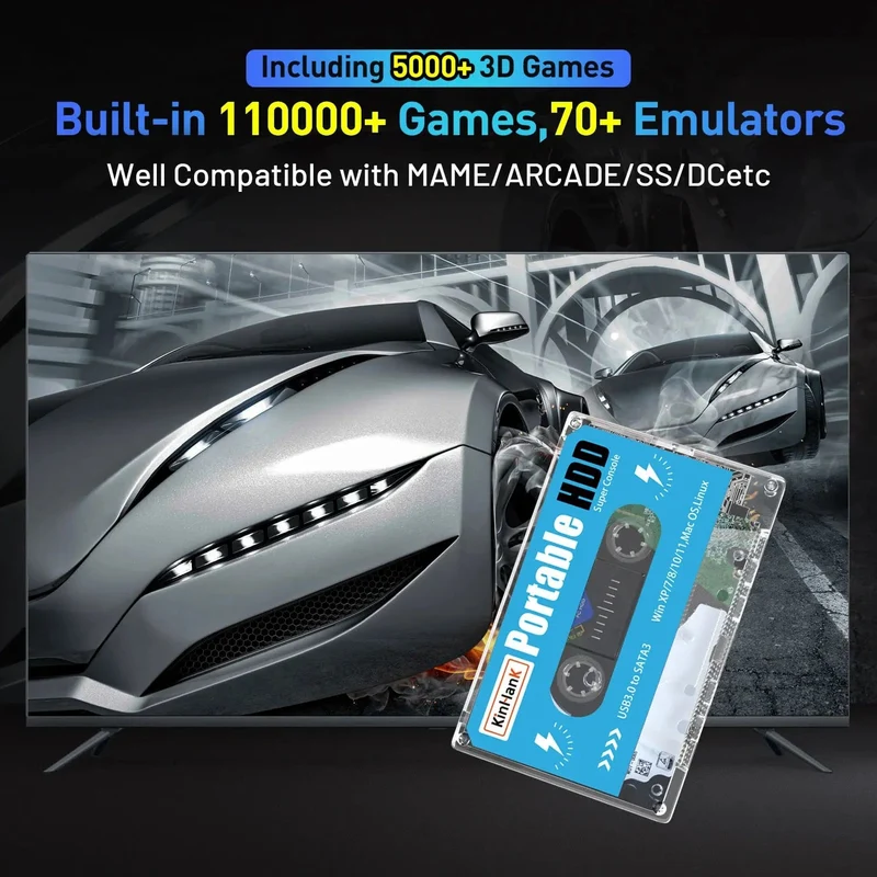 KINHANK Super Console 500G Gaming-Festplatte 100000 Videospiele 70 Emulatoren für DC/MAME/SS/NAOMI/PS2/PS1 Plug-and-Play Batocera OS