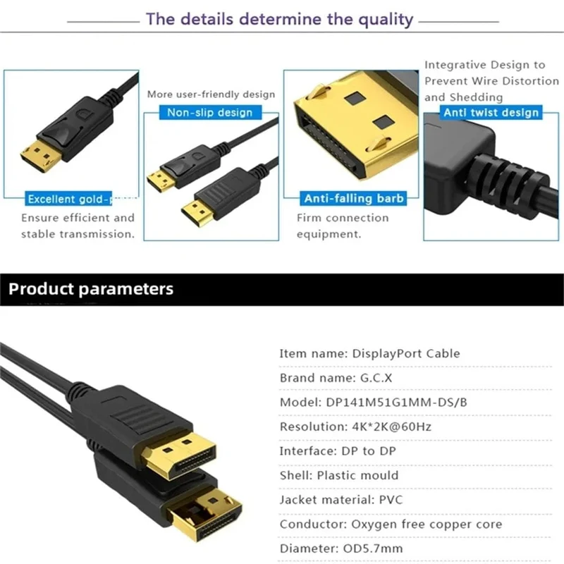Dp-zu-Hdmi-Kabel, 1.8 m, 4k HD-Adapterkabel, Computermonitorkabel, konvertiert große Dp- zu Hdmi-