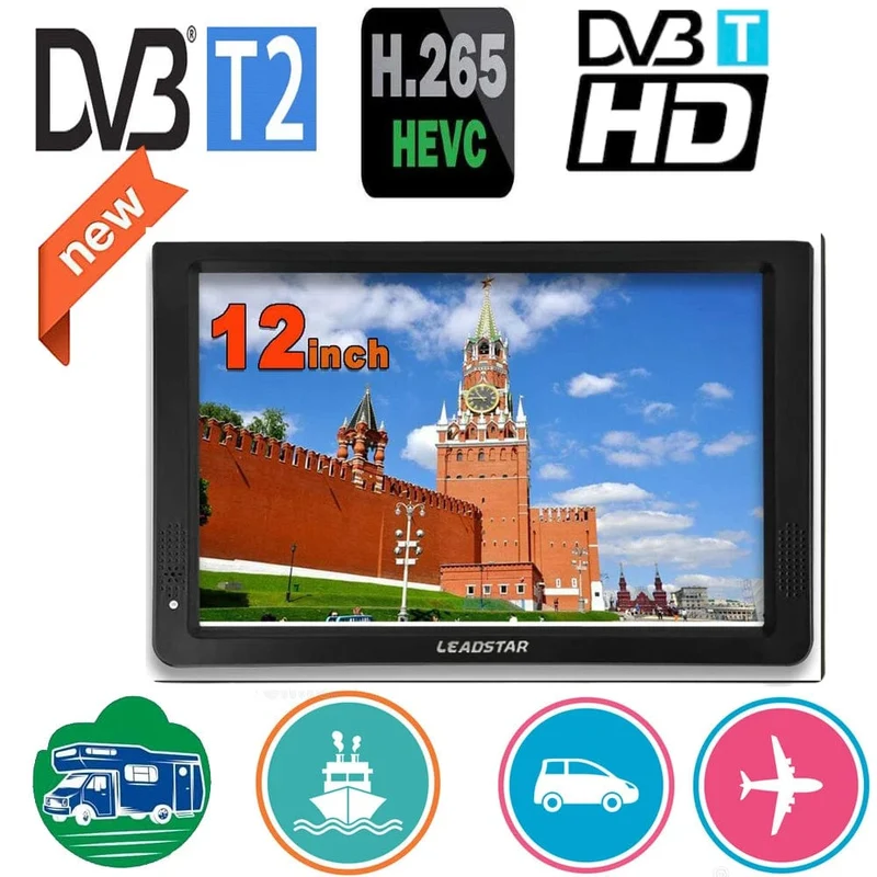 Wiederaufladbarer LEADSTAR D12 12 Zoll tragbarer Mini-Mobilfernseher mit DVBT2/H265/Hevc 1280 * 800 TF-Karte für Zuhause/Auto mit Autoladegerät