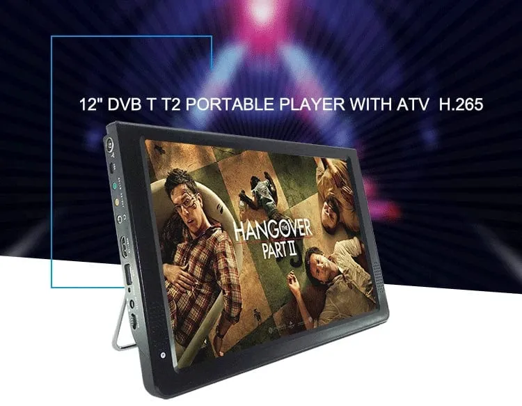 Wiederaufladbarer LEADSTAR D12 12 Zoll tragbarer Mini-Mobilfernseher mit DVBT2/H265/Hevc 1280 * 800 TF-Karte für Zuhause/Auto mit Autoladegerät
