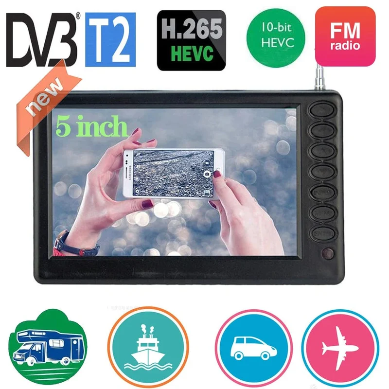 LEADSTAR Wiederaufladbarer D5 5 Zoll 800*480 Tragbarer Mini-Fernseher mit DVB-T2 ATSC ISDBT FM ATV USB Akku Taschenfernseher Überall zusehen