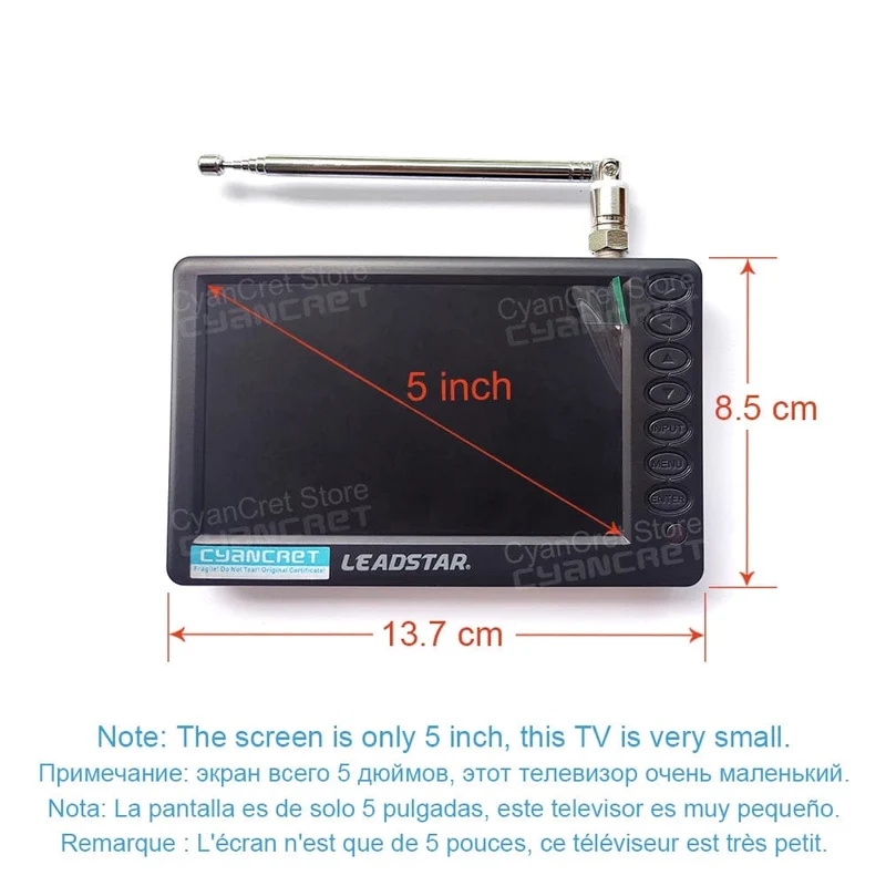 LEADSTAR Pocket TV D5 5 Zoll DVB-T2 ATSC ISDB-T TDT Digitaler und analoger Mini-Kleinwagenfernseher Tragbarer Fernseher Unterstützt USB TF AC3