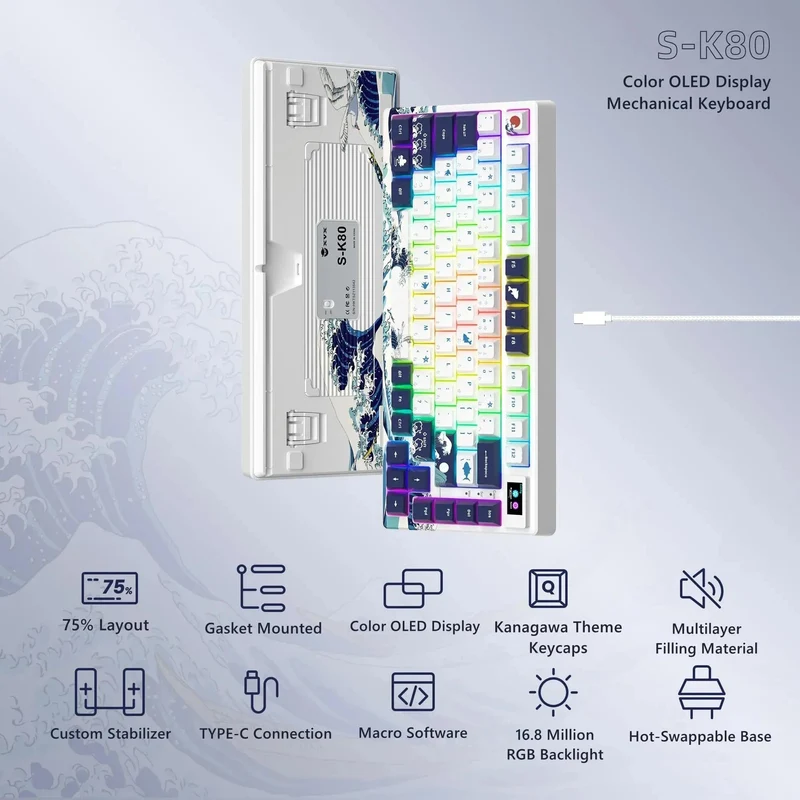 womier SK80 Mechanische Tastatur mit Dichtungsmontage, 81-Tasten-Gamer-Tastatur, 75 % Hot-Swap-RGB-Gaming-Tastatur mit Smart Display für den PC