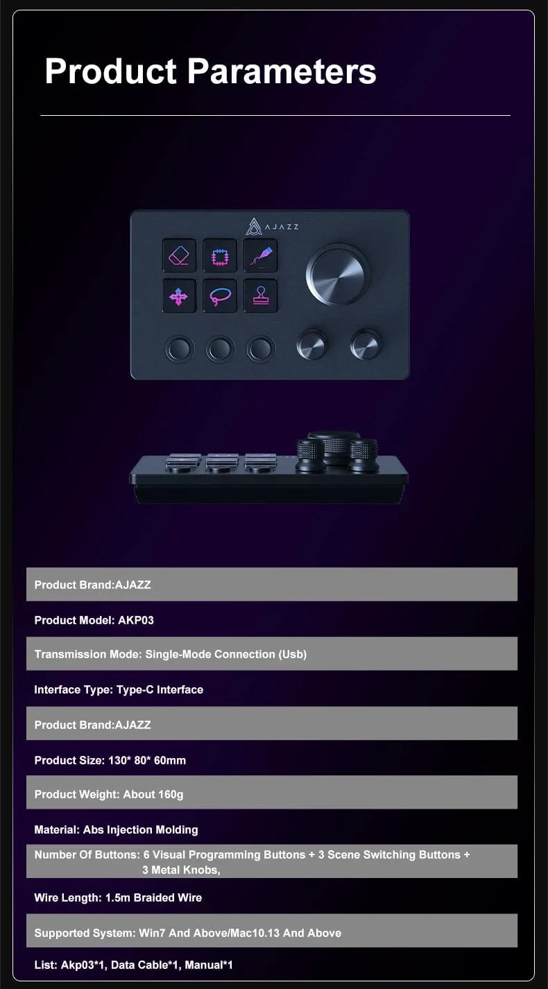 Ajazz AKP03E Mechanische Makro-Tastatur, Multifunktions-Desktop-Assistent, für Büro und Gaming, einfach zu bedienende Multimedia-Steuerung