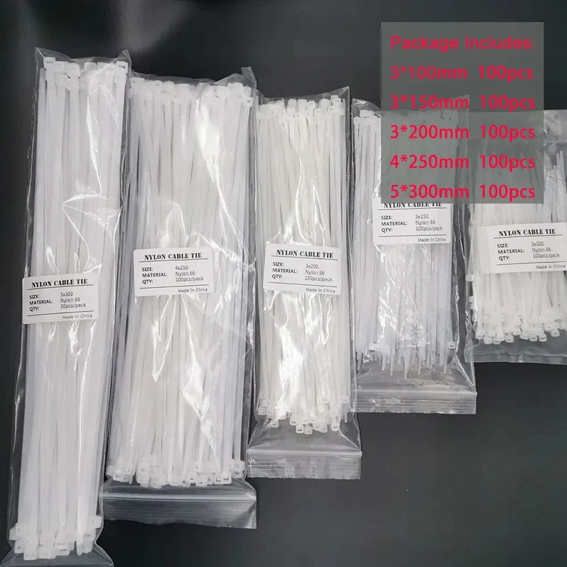 Großhandel Nylon-Kabelbinder 100 mm 150 mm 200 mm 250 mm 300 mm Schwarz Weiß Selbstsichernde Kabelbinder