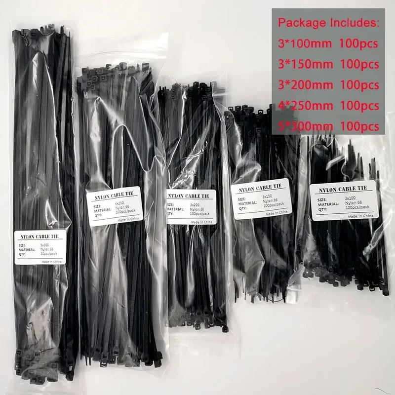 Großhandel Nylon-Kabelbinder 100 mm 150 mm 200 mm 250 mm 300 mm Schwarz Weiß Selbstsichernde Kabelbinder
