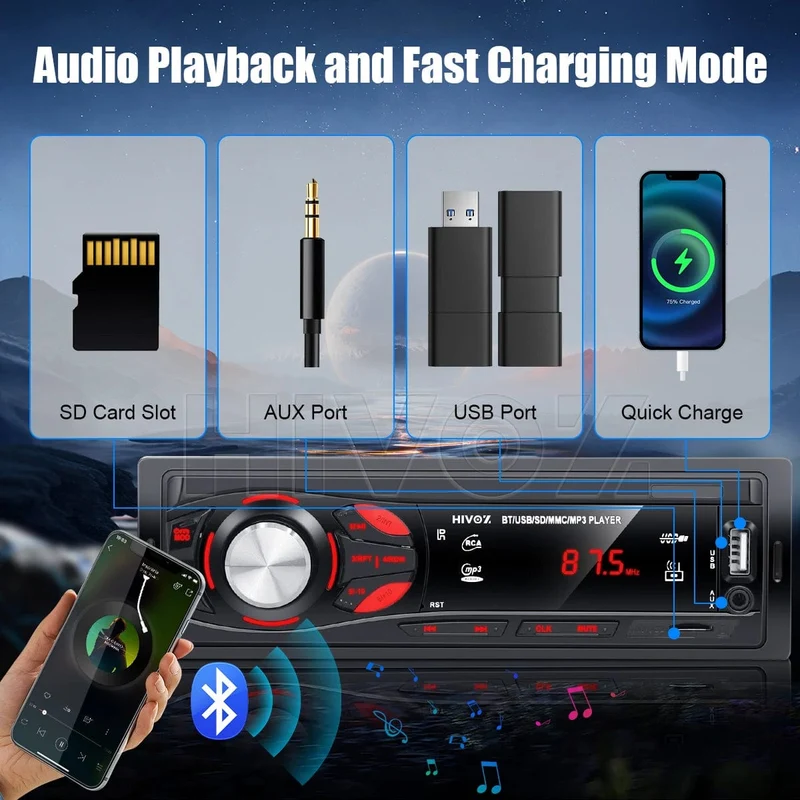 HIVOZ Autoradio Audio 1 Din Bluetooth Stereo Freisprecheinrichtung MP3-Player FM-Empfänger Mit AUX/USB/TF-Karte Im Armaturenbrett-Kit