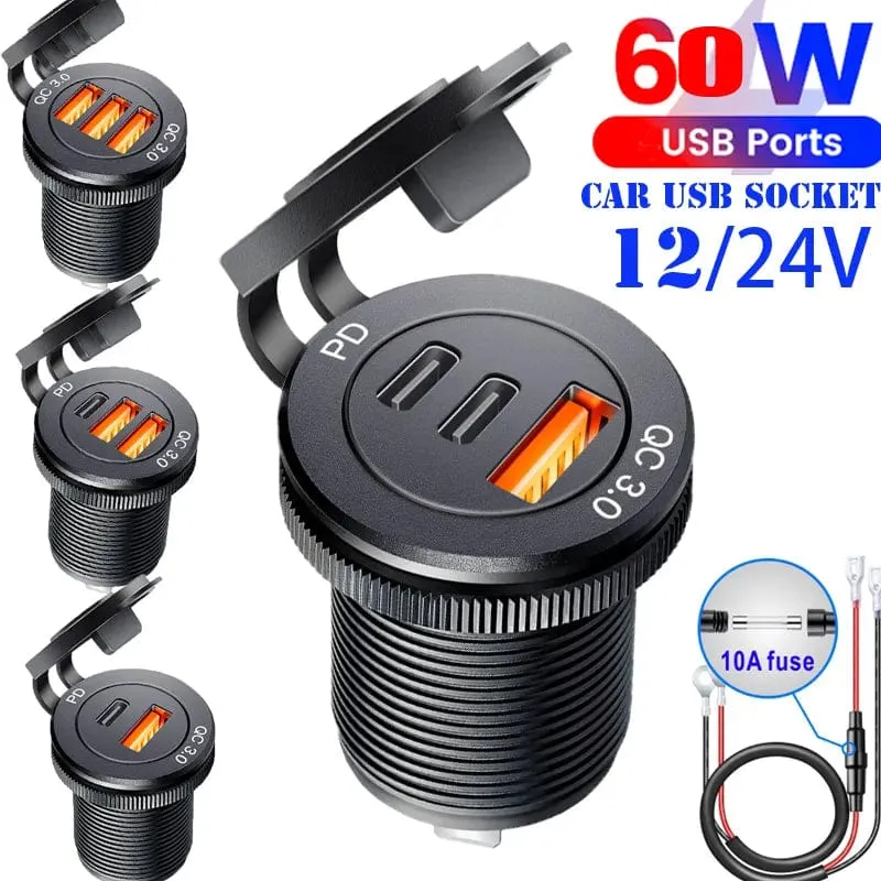 USB-Buchse im Auto Quick Charge PD 3.0 Autoladegerät 60W Steckdose für 12V 24V Motorrad Boot Marine Truck ATV