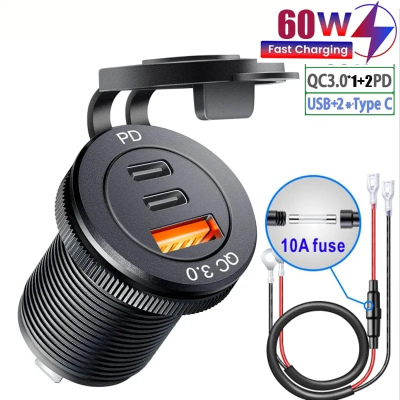 USB-Buchse im Auto Quick Charge PD 3.0 Autoladegerät 60W Steckdose für 12V 24V Motorrad Boot Marine Truck ATV