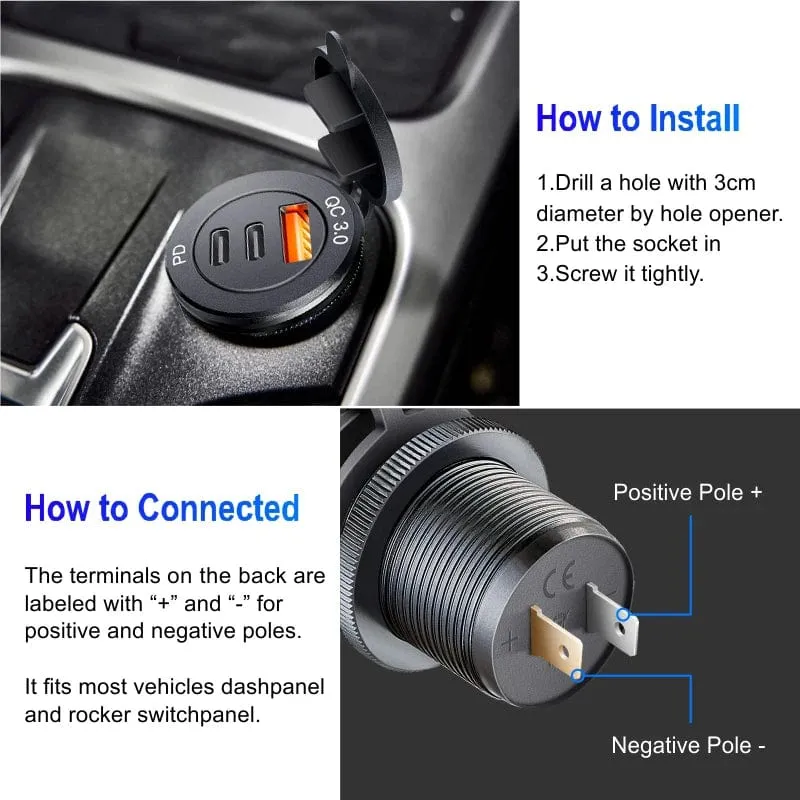 USB-Buchse im Auto Quick Charge PD 3.0 Autoladegerät 60W Steckdose für 12V 24V Motorrad Boot Marine Truck ATV