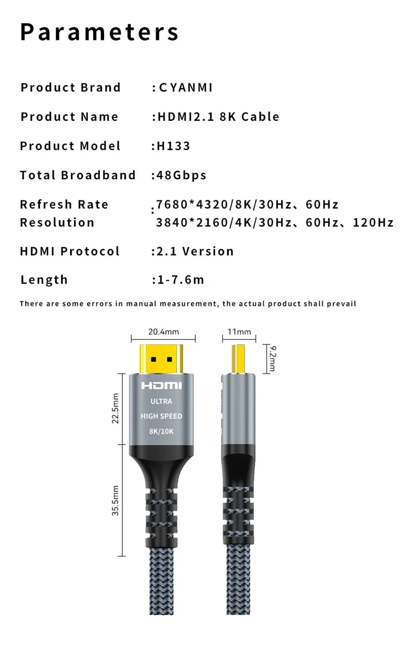 CYANMI HDMI 8K-Kabel für Xiaomi TV-Box PS5 USB-HUB Ultra High Speed ​​Zertifiziert 8K@60Hz HDMI 2.1-Kabel 48Gbps eARC Dolby Vision HD