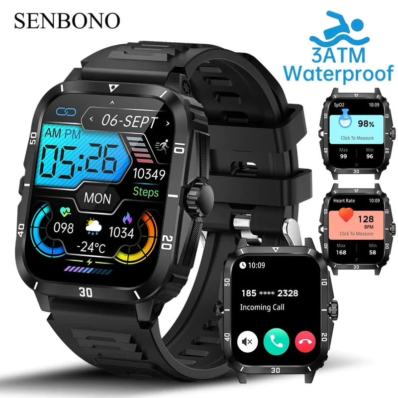 SENBONO Militärische Smartwatch für Männer, IP68, 3 ATM, wasserdicht, Outdoor-Sport, Fitness-Tracker, 24-Stunden-Gesundheitsmonitor, Smartwatch für Männer, 430 mAh