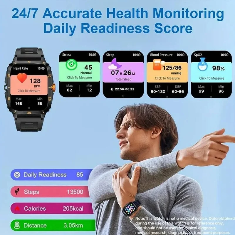 SENBONO Militärische Smartwatch für Männer, IP68, 3 ATM, wasserdicht, Outdoor-Sport, Fitness-Tracker, 24-Stunden-Gesundheitsmonitor, Smartwatch für Männer, 430 mAh