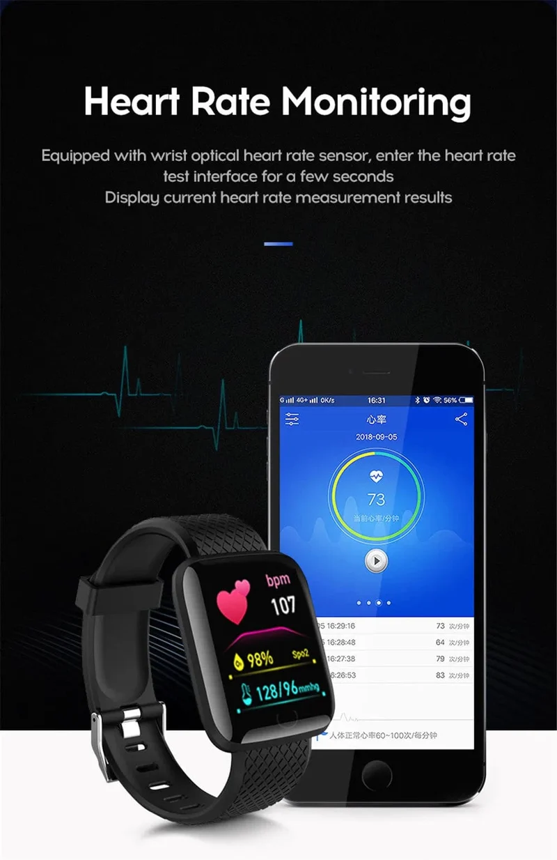 Multifunktions-Smartwatch für Männer, Frauen, Kinder, Nachrichtenerinnerung, Musiksteuerung, Sport, Schritte, Kalorien, D13, Smartwatch, Wecker, 116Plus