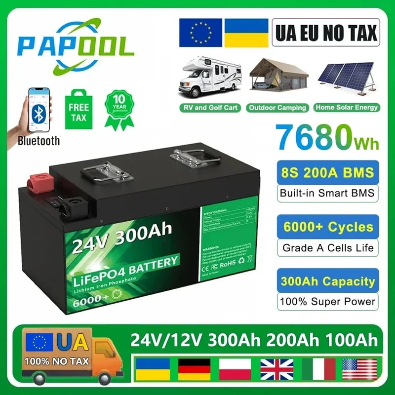 LiFePO4 24V 300Ah 200Ah 12V 100Ah 140Ah 48V Akkupack 7680Wh Klasse A 6000+ Zyklen RV Golfwagen Boot Solarbatterie EU UA KEINE STEUER