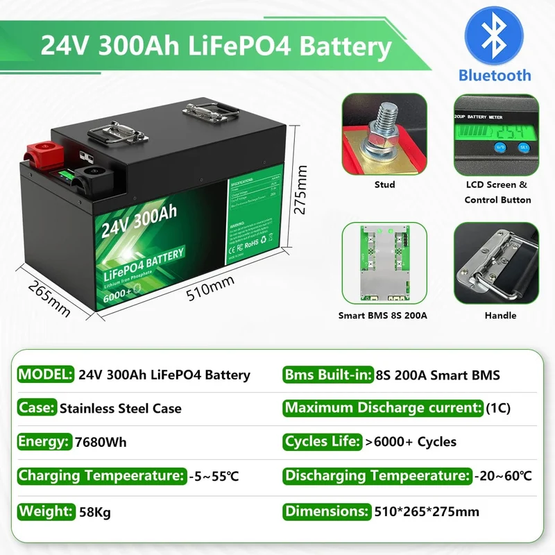 LiFePO4 24V 300Ah 200Ah 12V 100Ah 140Ah 48V Akkupack 7680Wh Klasse A 6000+ Zyklen RV Golfwagen Boot Solarbatterie EU UA KEINE STEUER