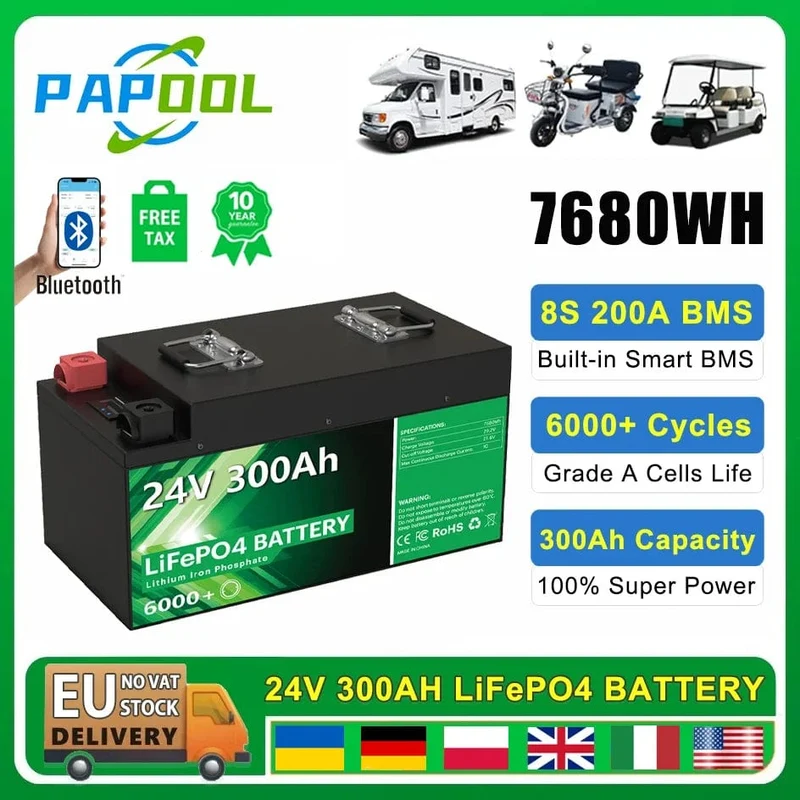 LiFePO4 24V 300Ah 200Ah 12V 100Ah 140Ah 48V Akkupack 7680Wh Klasse A 6000+ Zyklen RV Golfwagen Boot Solarbatterie EU UA KEINE STEUER