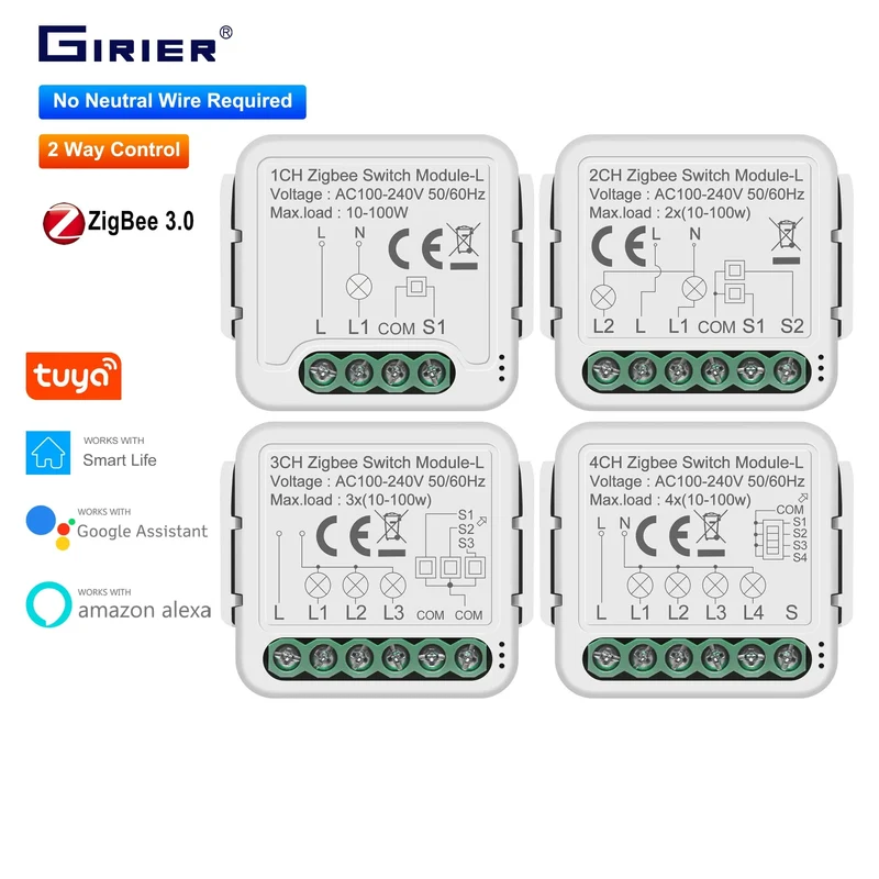 GIRIER Tuya ZigBee 3.0 Smart Switch-Modul, kein Neutralleiter erforderlich, Smart Home DIY-Lichtschalter, funktioniert mit Alexa Google Home