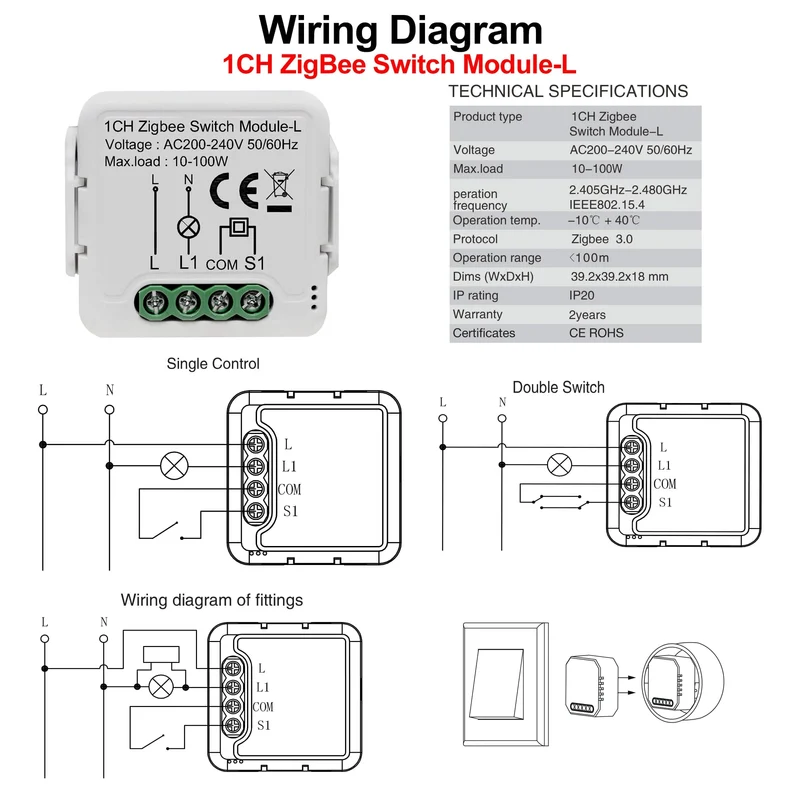 GIRIER Tuya ZigBee 3.0 Smart Switch-Modul, kein Neutralleiter erforderlich, Smart Home DIY-Lichtschalter, funktioniert mit Alexa Google Home
