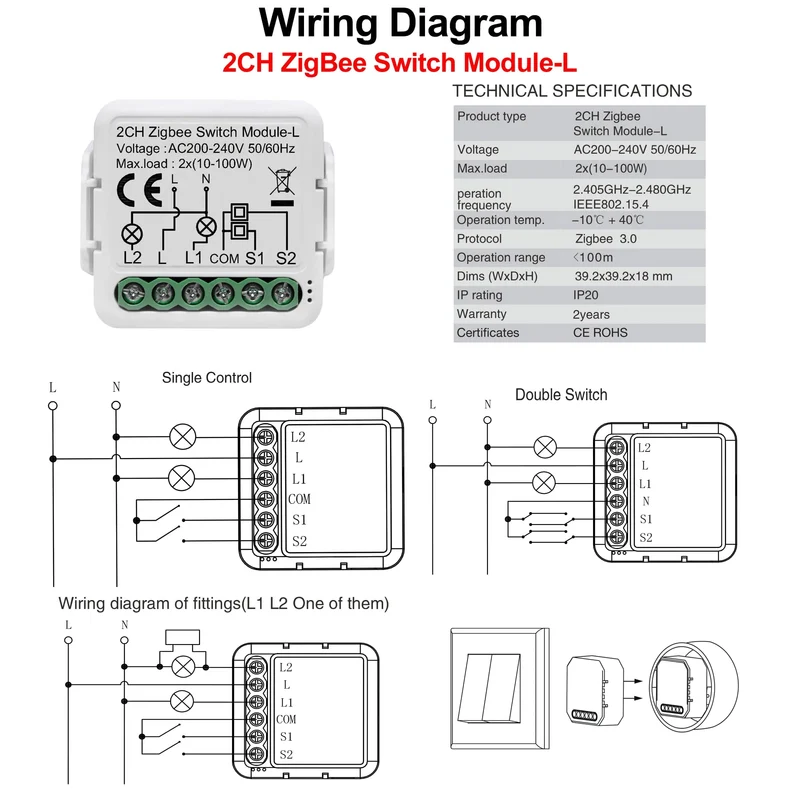 GIRIER Tuya ZigBee 3.0 Smart Switch-Modul, kein Neutralleiter erforderlich, Smart Home DIY-Lichtschalter, funktioniert mit Alexa Google Home