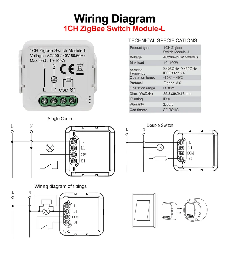 GIRIER Tuya ZigBee 3.0 Smart Switch-Modul, kein Neutralleiter erforderlich, Smart Home DIY-Lichtschalter, funktioniert mit Alexa Google Home