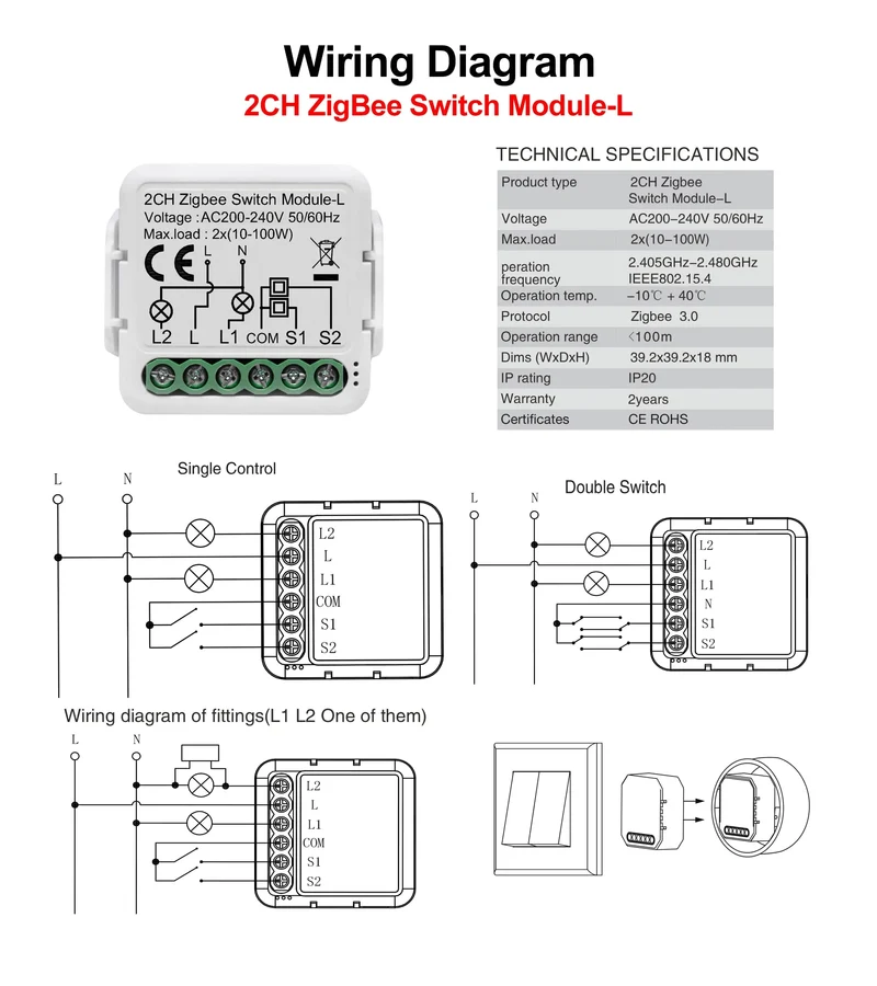 GIRIER Tuya ZigBee 3.0 Smart Switch-Modul, kein Neutralleiter erforderlich, Smart Home DIY-Lichtschalter, funktioniert mit Alexa Google Home