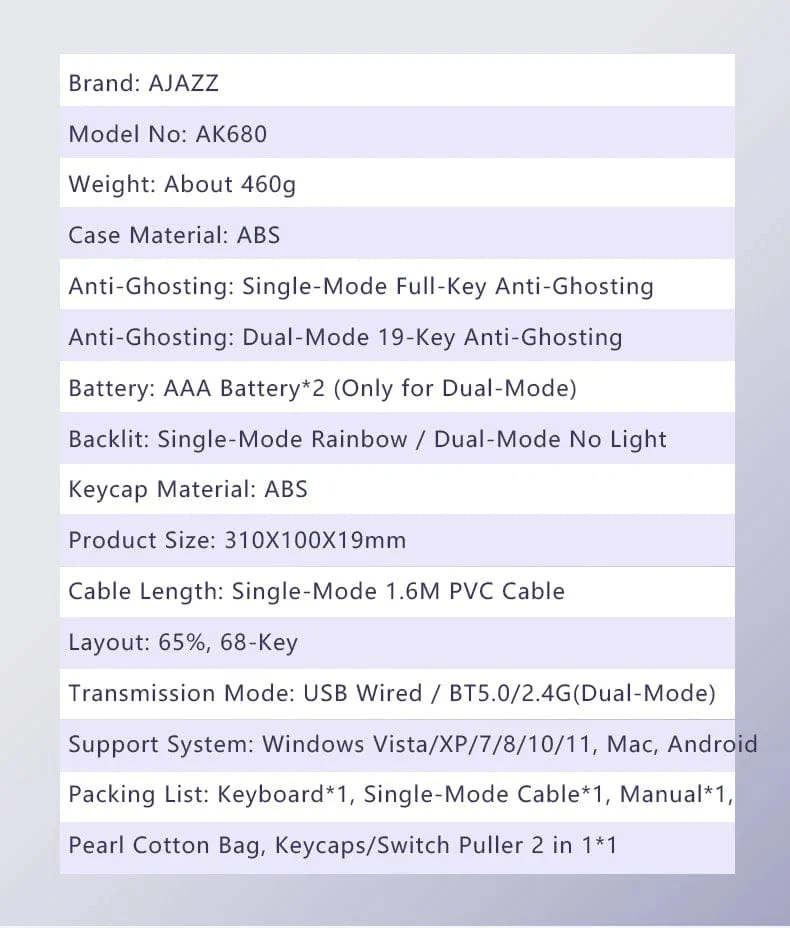 AJAZZ AK680 65 % mechanische Gaming-Tastatur, kabelgebunden, kabellos, Bluetooth, Gamer-Tastatur, Hot-Swap-Tastenkappendichtung für PC/Laptop