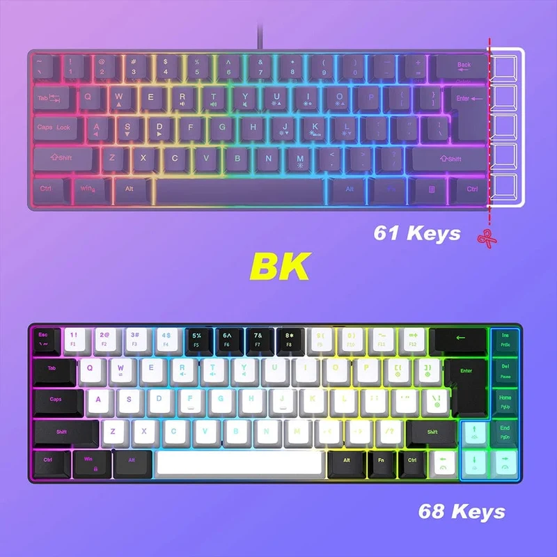 Gaming-Tastatur, 68 Tasten, kabelgebundene Computertastatur, mechanische Tastatur mit RGB-Hintergrundbeleuchtung, Tastatur für PC, Laptop, Gamer