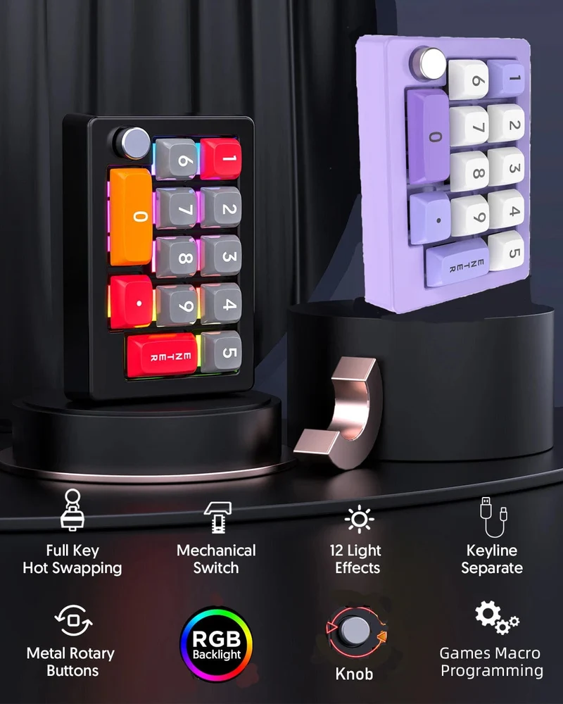 13-Tasten-Makro-programmierbare, vollständig im laufenden Betrieb austauschbare mechanische Schalter, 7-Farben-RGB-Licht, Mini-Gaming-Tastatur