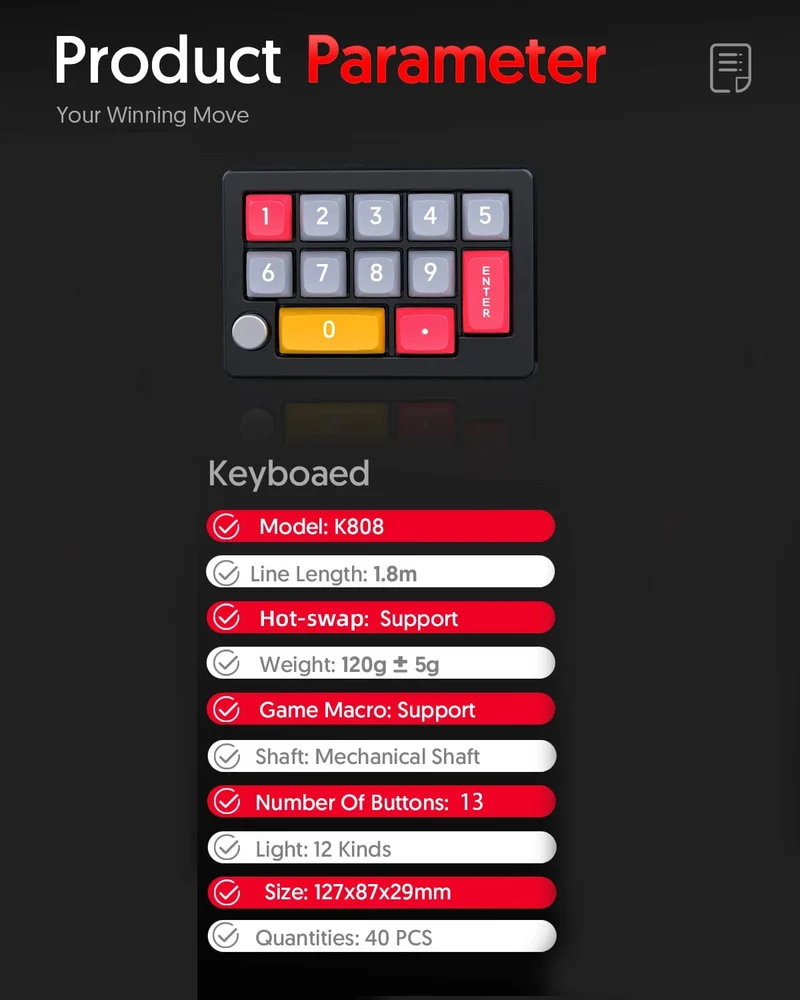 13-Tasten-Makro-programmierbare, vollständig im laufenden Betrieb austauschbare mechanische Schalter, 7-Farben-RGB-Licht, Mini-Gaming-Tastatur