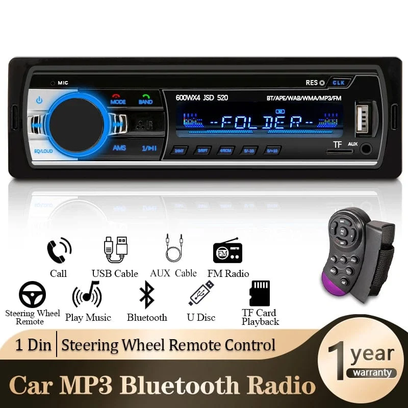 Autoradio 1-Din-Stereo-Player, digitaler Bluetooth-Auto-MP3-Player, 60 W x 4, FM-Radio, Stereo-Audiomusik, USB/SD mit In-Dash-AUX-Eingang
