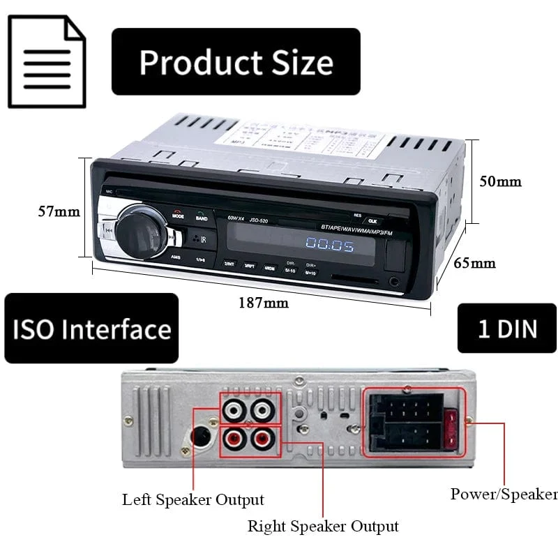 Autoradio 1-Din-Stereo-Player, digitaler Bluetooth-Auto-MP3-Player, 60 W x 4, FM-Radio, Stereo-Audiomusik, USB/SD mit In-Dash-AUX-Eingang
